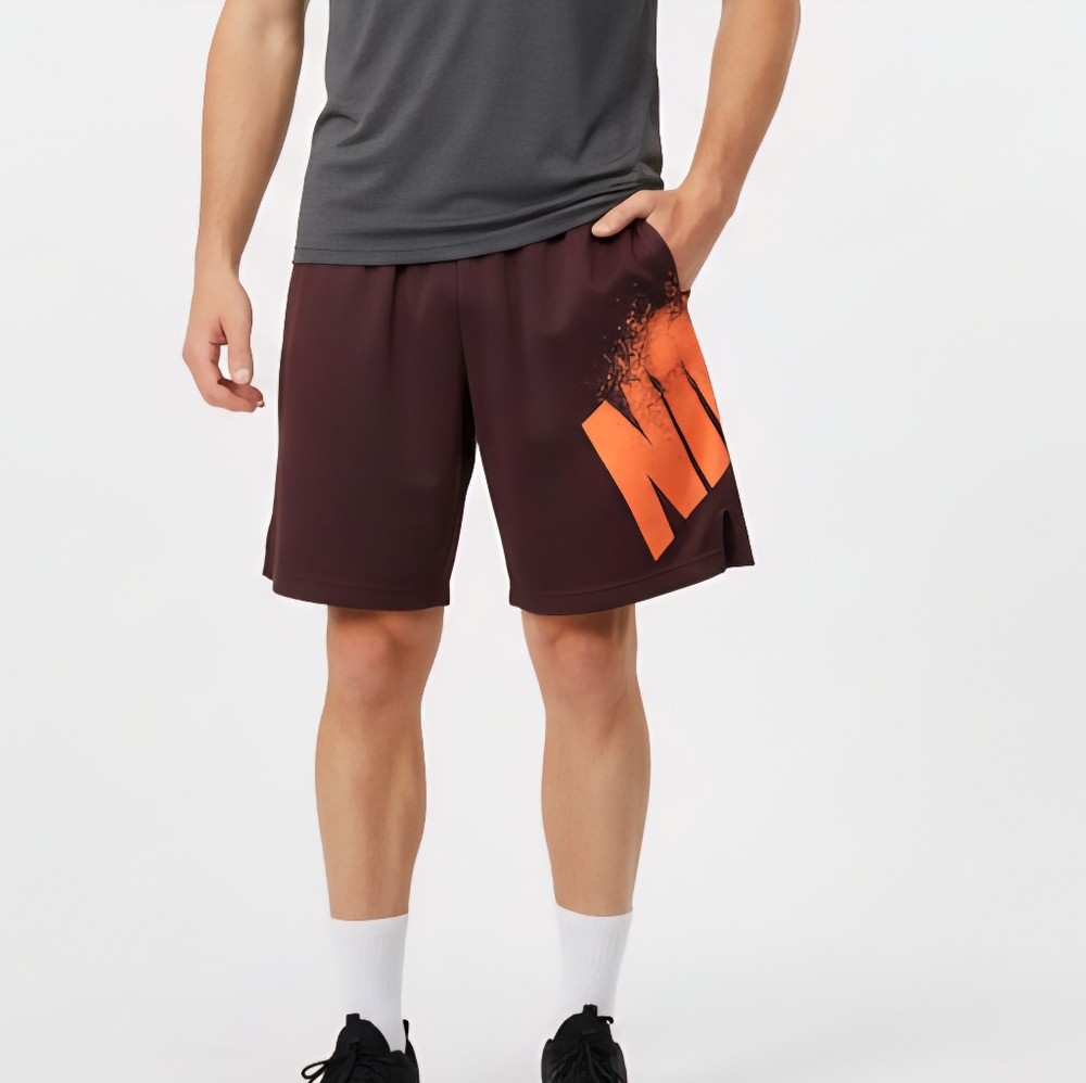 Nike Men's Athletic Shorts in Burgundy and Orange.
